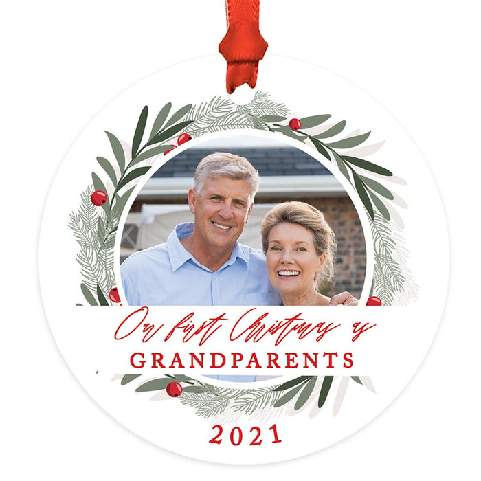 Custom Photo Metal Ornament Our First Christmas As Grandparents 20XX, Keepsake for New Grandma and Grandpa-Set of 1-Andaz Press-Laurel Wreath-