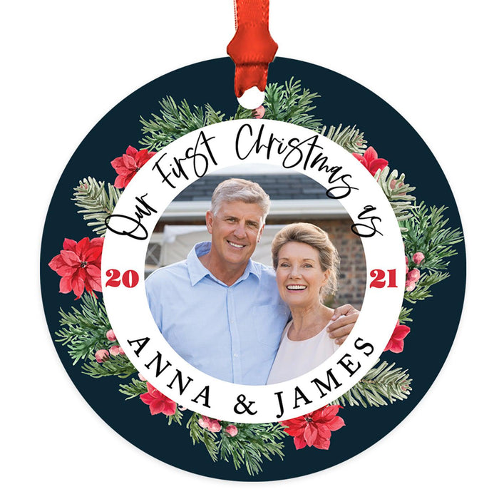 Custom Photo Metal Ornament Our First Christmas As Grandparents 20XX, Keepsake for New Grandma and Grandpa-Set of 1-Andaz Press-Poinsettia Wreath-