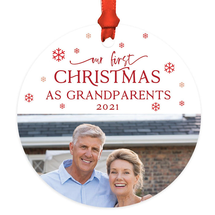 Custom Photo Metal Ornament Our First Christmas As Grandparents 20XX, Keepsake for New Grandma and Grandpa-Set of 1-Andaz Press-Red Snowflakes-