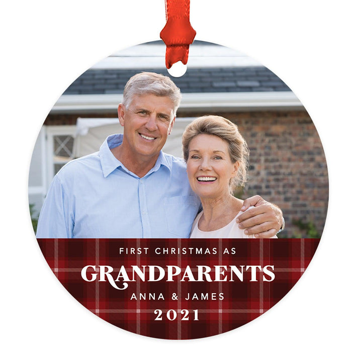 Custom Photo Metal Ornament Our First Christmas As Grandparents 20XX, Keepsake for New Grandma and Grandpa-Set of 1-Andaz Press-Tartan Plaid-