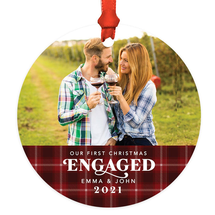Custom Photo Metal Ornament Our First Christmas Engaged Photo 20XX, Newly Engaged Couple-Set of 1-Andaz Press-White Snowflakes-