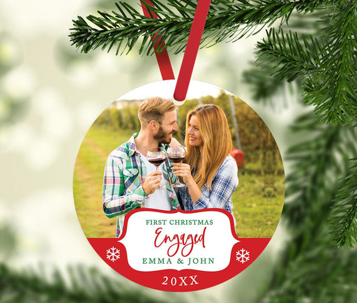 Custom Photo Metal Ornament Our First Christmas Engaged Photo 20XX, Newly Engaged Couple-Set of 1-Andaz Press-White Snowflakes-