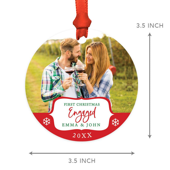 Custom Photo Metal Ornament Our First Christmas Engaged Photo 20XX, Newly Engaged Couple-Set of 1-Andaz Press-White Snowflakes-