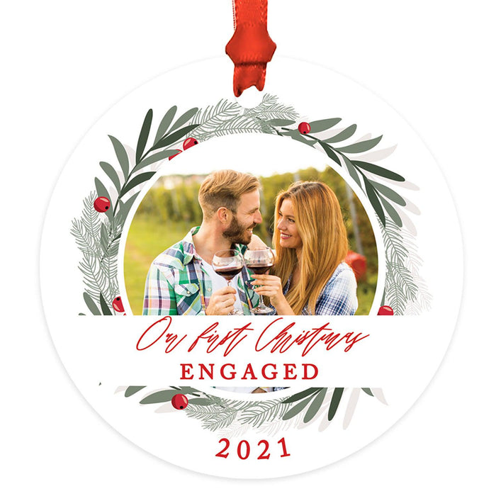 Custom Photo Metal Ornament Our First Christmas Engaged Photo 20XX, Newly Engaged Couple-Set of 1-Andaz Press-White Snowflakes-