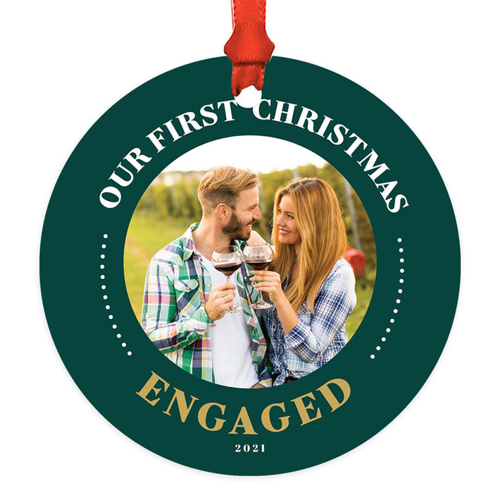 Custom Photo Metal Ornament Our First Christmas Engaged Photo 20XX, Newly Engaged Couple-Set of 1-Andaz Press-White Snowflakes-