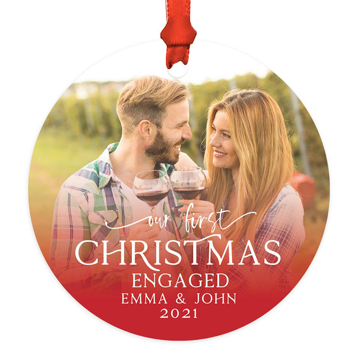 Custom Photo Metal Ornament Our First Christmas Engaged Photo 20XX, Newly Engaged Couple-Set of 1-Andaz Press-Christmas Red-