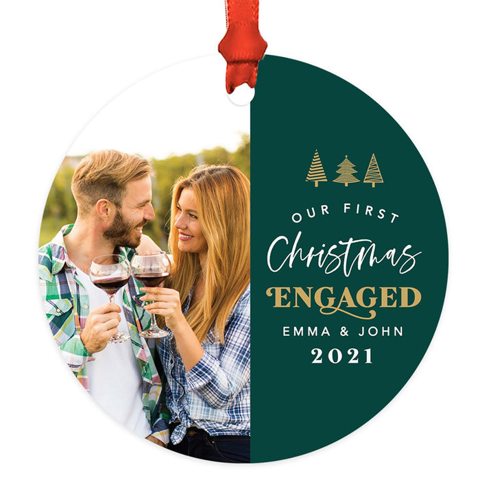 Custom Photo Metal Ornament Our First Christmas Engaged Photo 20XX, Newly Engaged Couple-Set of 1-Andaz Press-Christmas Trees-