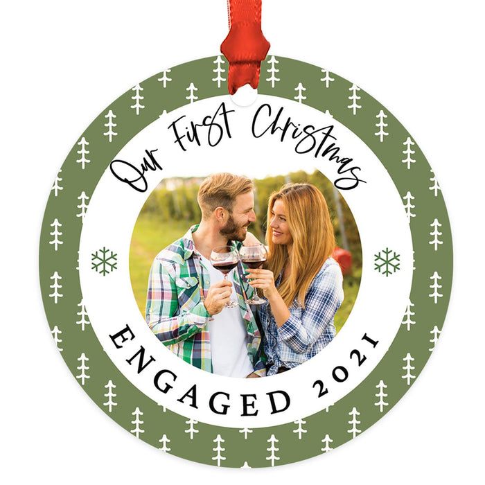 Custom Photo Metal Ornament Our First Christmas Engaged Photo 20XX, Newly Engaged Couple-Set of 1-Andaz Press-Green Snowflakes-
