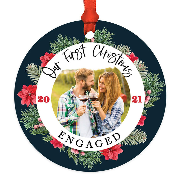 Custom Photo Metal Ornament Our First Christmas Engaged Photo 20XX, Newly Engaged Couple-Set of 1-Andaz Press-Poinsettia Wreath-