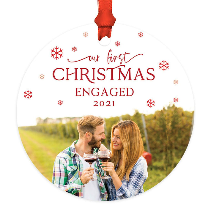 Custom Photo Metal Ornament Our First Christmas Engaged Photo 20XX, Newly Engaged Couple-Set of 1-Andaz Press-Red Snowflakes-