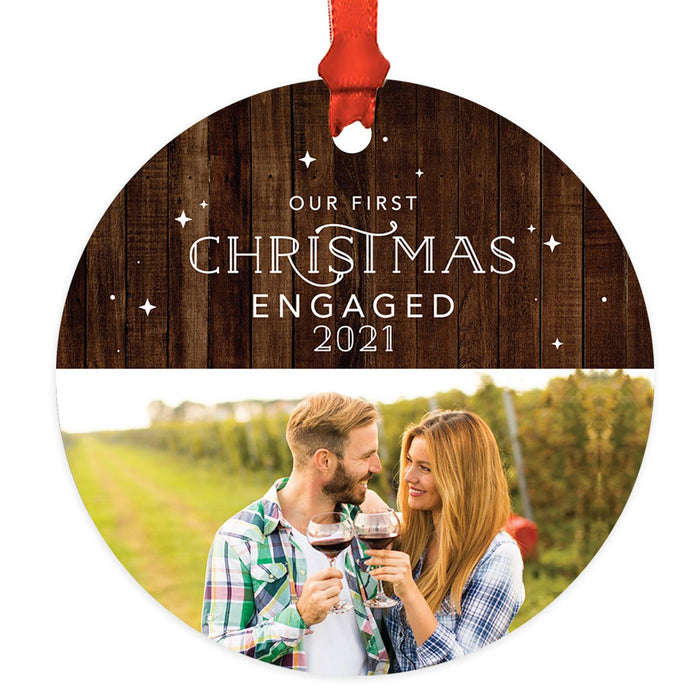 Custom Photo Metal Ornament Our First Christmas Engaged Photo 20XX, Newly Engaged Couple-Set of 1-Andaz Press-Rustic Wood & Stars-