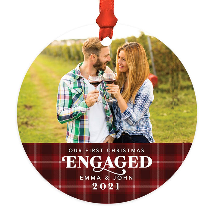 Custom Photo Metal Ornament Our First Christmas Engaged Photo 20XX, Newly Engaged Couple-Set of 1-Andaz Press-Tartan Plaid-