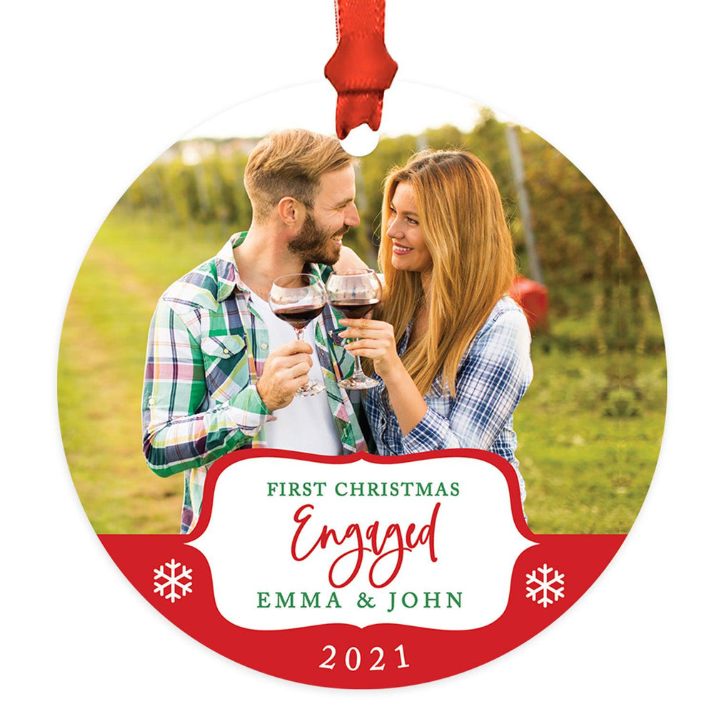 Custom Photo Metal Ornament Our First Christmas Engaged Photo 20XX, Newly Engaged Couple-Set of 1-Andaz Press-White Snowflakes-
