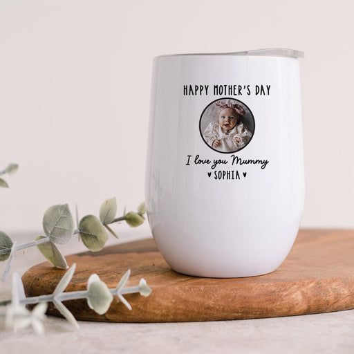 Custom Photo Mother's Day Wine Tumbler with Lid 12oz Stemless Stainless Steel Insulated, Set of 1-Set of 1-Andaz Press-Happy Mother's Day Custom Photo-