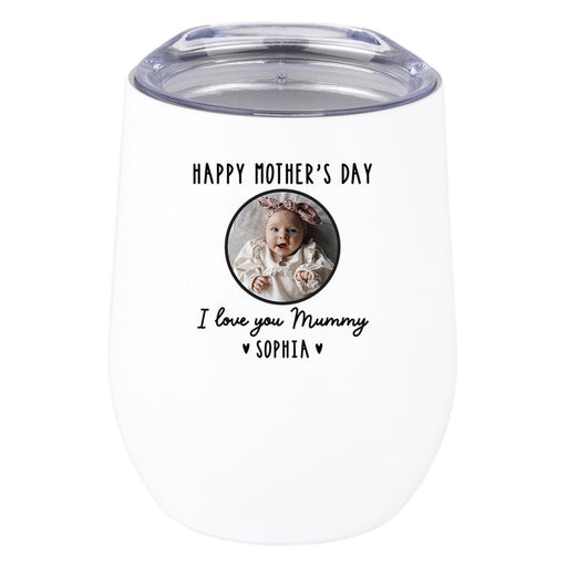 Custom Photo Mother's Day Wine Tumbler with Lid 12oz Stemless Stainless Steel Insulated, Set of 1-Set of 1-Andaz Press-Happy Mother's Day Custom Photo-