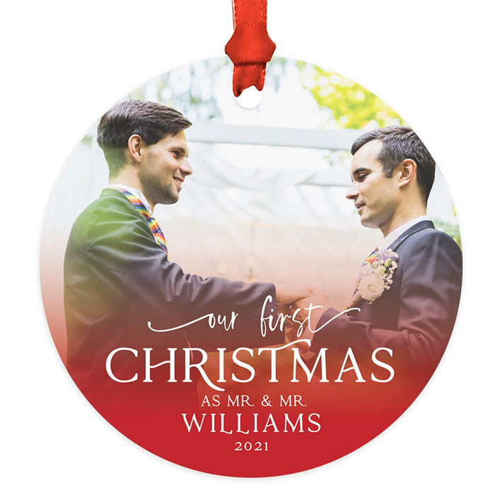 Custom Photo Our First Christmas As Mr. & Mr. 20XX Round Metal Christmas Ornaments, Men Couple-Set of 1-Andaz Press-White Snowflakes-