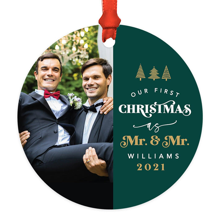 Custom Photo Our First Christmas As Mr. & Mr. 20XX Round Metal Christmas Ornaments, Men Couple-Set of 1-Andaz Press-White Snowflakes-