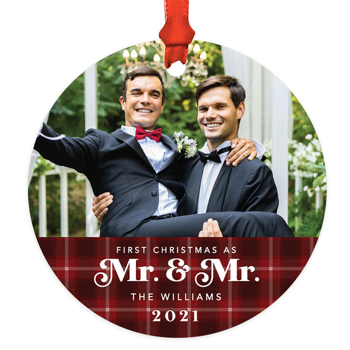 Custom Photo Our First Christmas As Mr. & Mr. 20XX Round Metal Christmas Ornaments, Men Couple-Set of 1-Andaz Press-White Snowflakes-