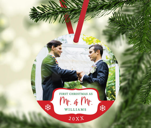 Custom Photo Our First Christmas As Mr. & Mr. 20XX Round Metal Christmas Ornaments, Men Couple-Set of 1-Andaz Press-White Snowflakes-