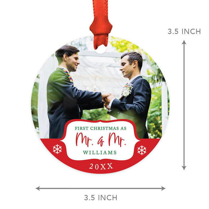 Custom Photo Our First Christmas As Mr. & Mr. 20XX Round Metal Christmas Ornaments, Men Couple-Set of 1-Andaz Press-White Snowflakes-