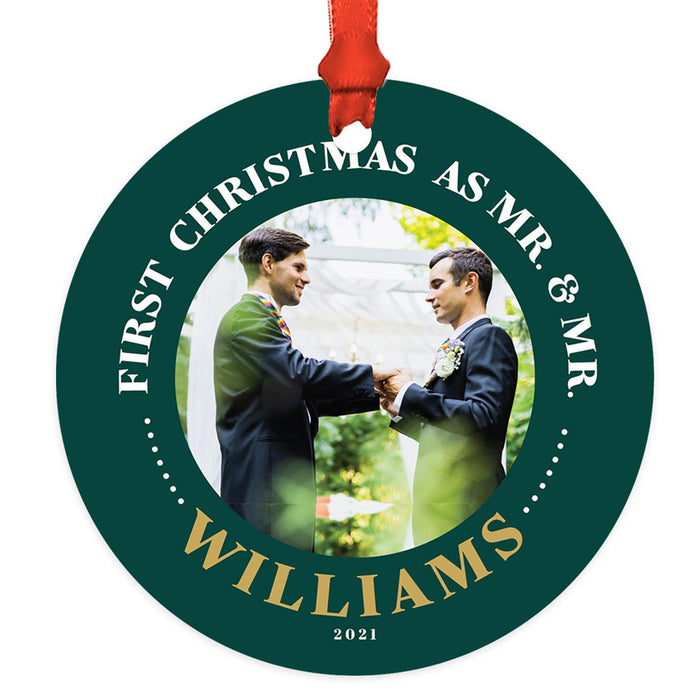 Custom Photo Our First Christmas As Mr. & Mr. 20XX Round Metal Christmas Ornaments, Men Couple-Set of 1-Andaz Press-Christmas Green-