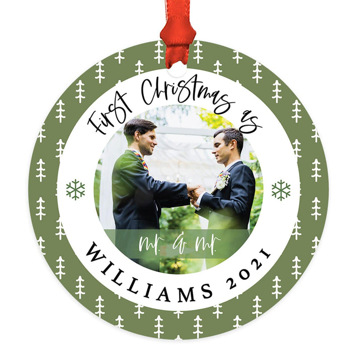 Custom Photo Our First Christmas As Mr. & Mr. 20XX Round Metal Christmas Ornaments, Men Couple-Set of 1-Andaz Press-Green Snowflakes-
