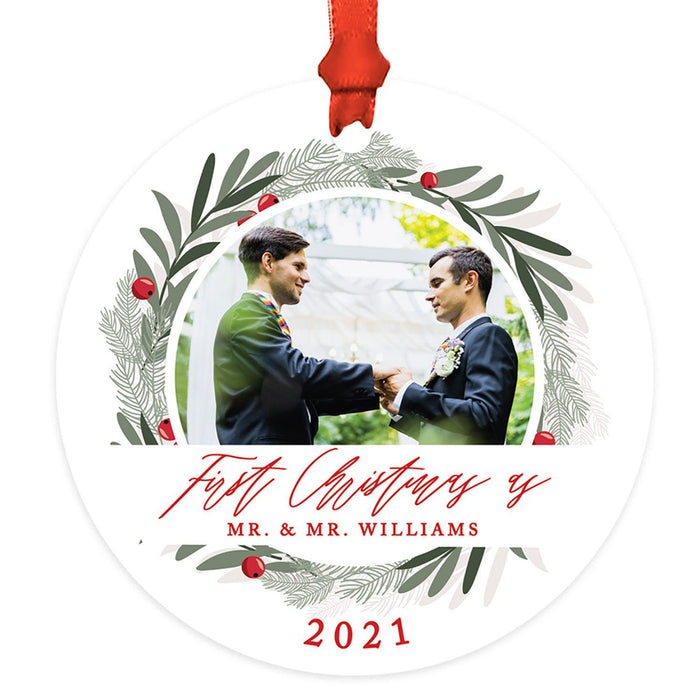 Custom Photo Our First Christmas As Mr. & Mr. 20XX Round Metal Christmas Ornaments, Men Couple-Set of 1-Andaz Press-Laurel Wreath-