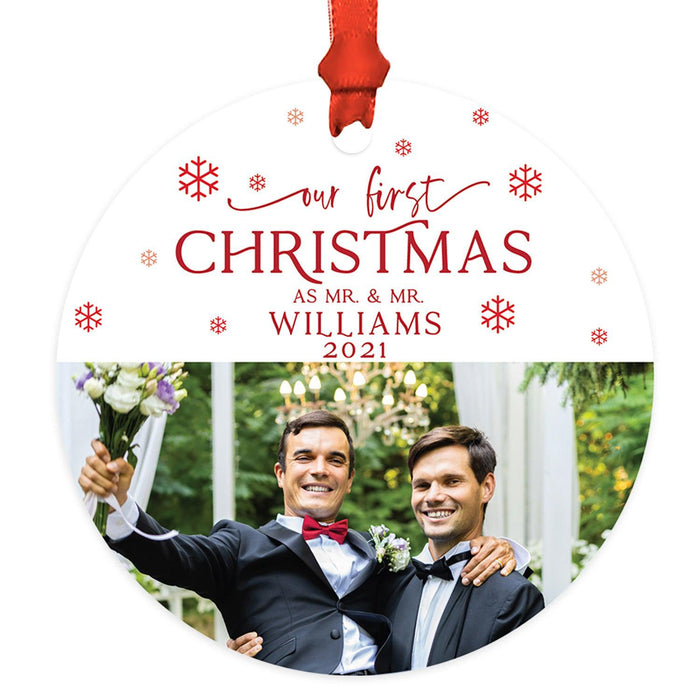 Custom Photo Our First Christmas As Mr. & Mr. 20XX Round Metal Christmas Ornaments, Men Couple-Set of 1-Andaz Press-Red Snowflakes-
