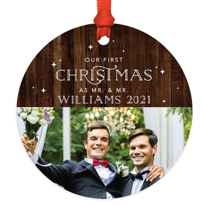 Custom Photo Our First Christmas As Mr. & Mr. 20XX Round Metal Christmas Ornaments, Men Couple-Set of 1-Andaz Press-Rustic Wood & Stars-