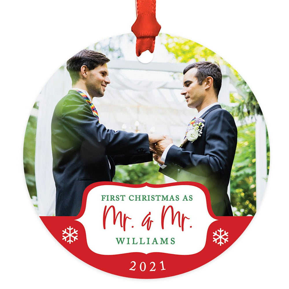 Custom Photo Our First Christmas As Mr. & Mr. 20XX Round Metal Christmas Ornaments, Men Couple-Set of 1-Andaz Press-White Snowflakes-