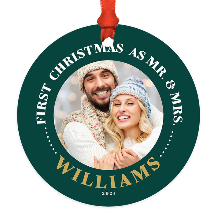Custom Photo Our First Christmas As Mr. & Mrs. 20XX Round Metal Ornaments, 1st Year Married-Set of 1-Andaz Press-White Snowflakes-