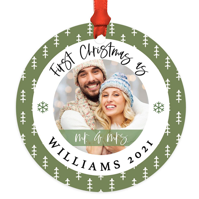 Custom Photo Our First Christmas As Mr. & Mrs. 20XX Round Metal Ornaments, 1st Year Married-Set of 1-Andaz Press-White Snowflakes-