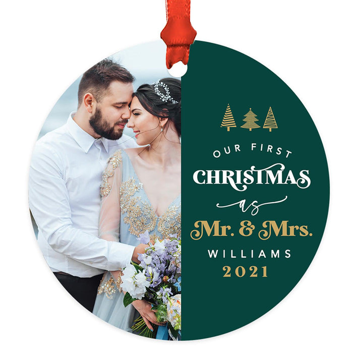 Custom Photo Our First Christmas As Mr. & Mrs. 20XX Round Metal Ornaments, 1st Year Married-Set of 1-Andaz Press-White Snowflakes-