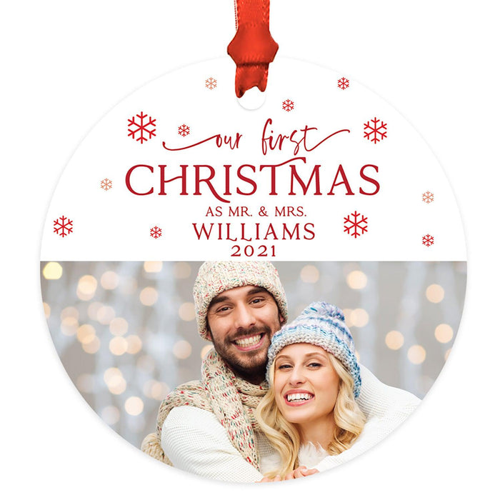 Custom Photo Our First Christmas As Mr. & Mrs. 20XX Round Metal Ornaments, 1st Year Married-Set of 1-Andaz Press-White Snowflakes-