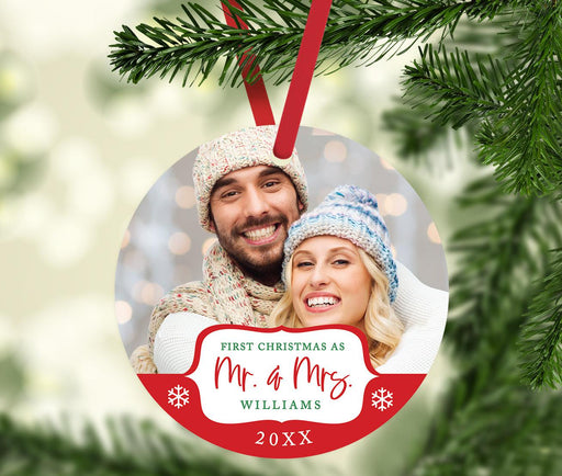 Custom Photo Our First Christmas As Mr. & Mrs. 20XX Round Metal Ornaments, 1st Year Married-Set of 1-Andaz Press-White Snowflakes-