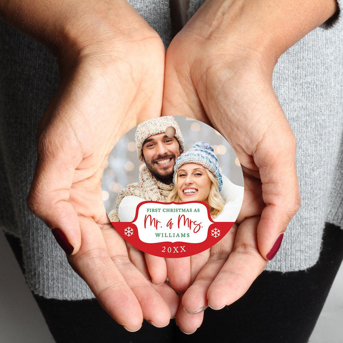 Custom Photo Our First Christmas As Mr. & Mrs. 20XX Round Metal Ornaments, 1st Year Married-Set of 1-Andaz Press-White Snowflakes-
