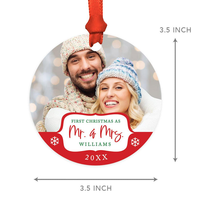 Custom Photo Our First Christmas As Mr. & Mrs. 20XX Round Metal Ornaments, 1st Year Married-Set of 1-Andaz Press-White Snowflakes-