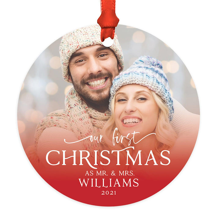 Custom Photo Our First Christmas As Mr. & Mrs. 20XX Round Metal Ornaments, 1st Year Married-Set of 1-Andaz Press-Christmas Red-