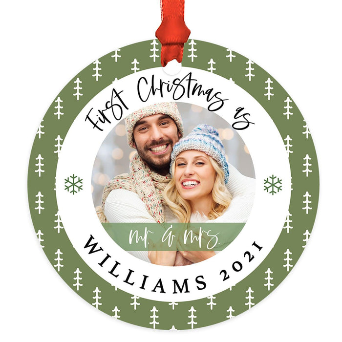 Custom Photo Our First Christmas As Mr. & Mrs. 20XX Round Metal Ornaments, 1st Year Married-Set of 1-Andaz Press-Green Snowflakes-