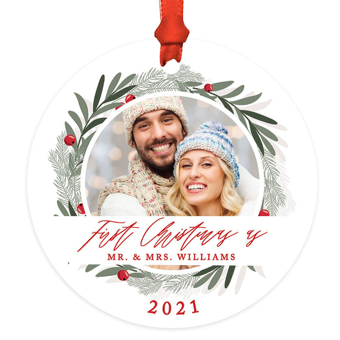 Custom Photo Our First Christmas As Mr. & Mrs. 20XX Round Metal Ornaments, 1st Year Married-Set of 1-Andaz Press-Laurel Wreath-