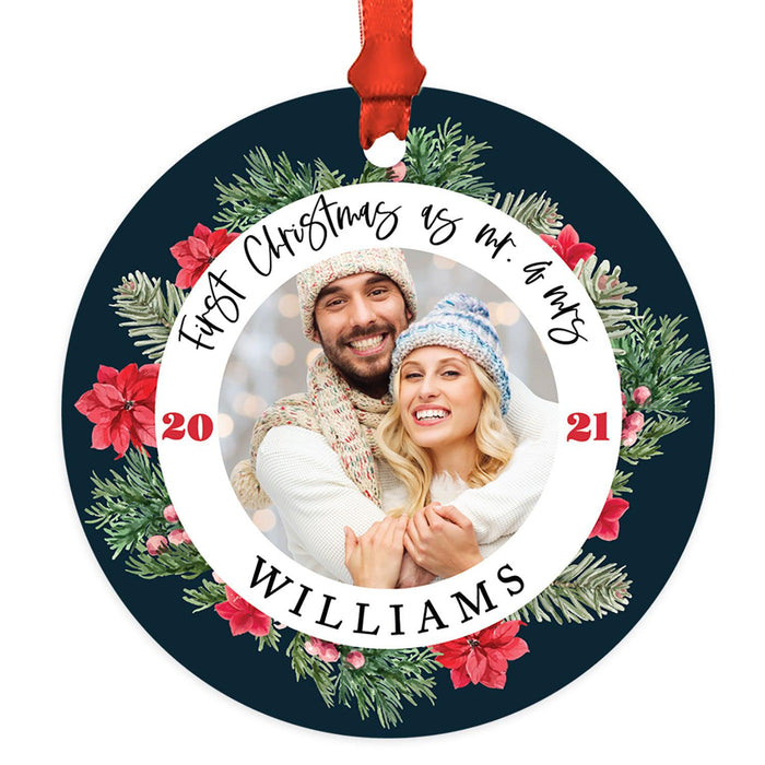 Custom Photo Our First Christmas As Mr. & Mrs. 20XX Round Metal Ornaments, 1st Year Married-Set of 1-Andaz Press-Poinsettia Wreath-