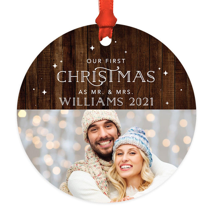 Custom Photo Our First Christmas As Mr. & Mrs. 20XX Round Metal Ornaments, 1st Year Married-Set of 1-Andaz Press-Rustic Wood & Stars-
