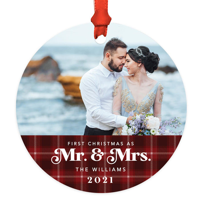 Custom Photo Our First Christmas As Mr. & Mrs. 20XX Round Metal Ornaments, 1st Year Married-Set of 1-Andaz Press-Tartan Plaid-