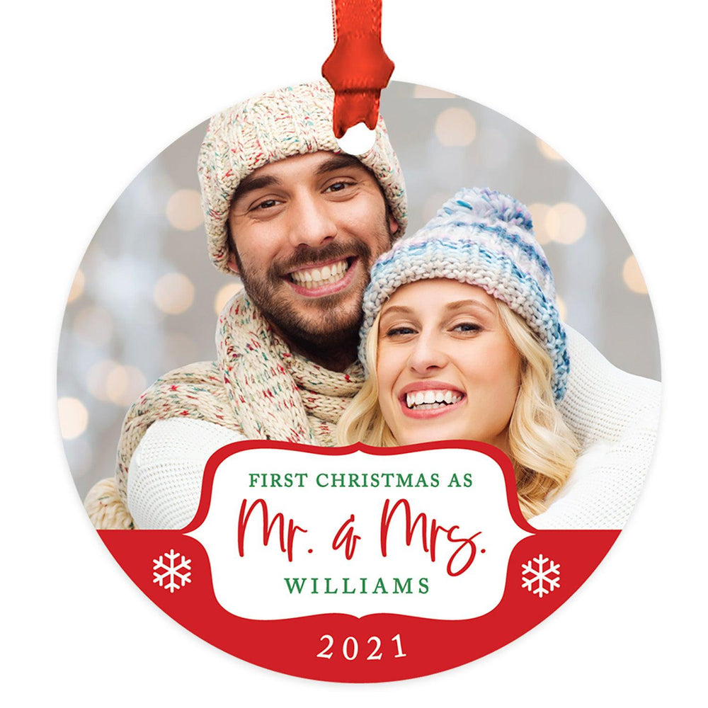 Custom Photo Our First Christmas As Mr. & Mrs. 20XX Round Metal Ornaments, 1st Year Married-Set of 1-Andaz Press-White Snowflakes-