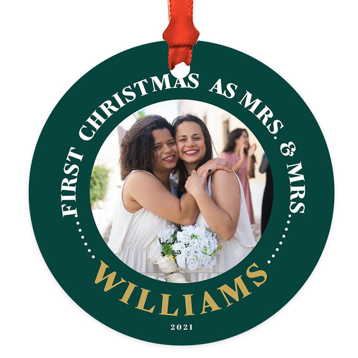Custom Photo Our First Christmas As Mrs. & Mrs. 20XX Round Metal Christmas Ornaments, Lesbian Couple-Set of 1-Andaz Press-White Snowflakes-