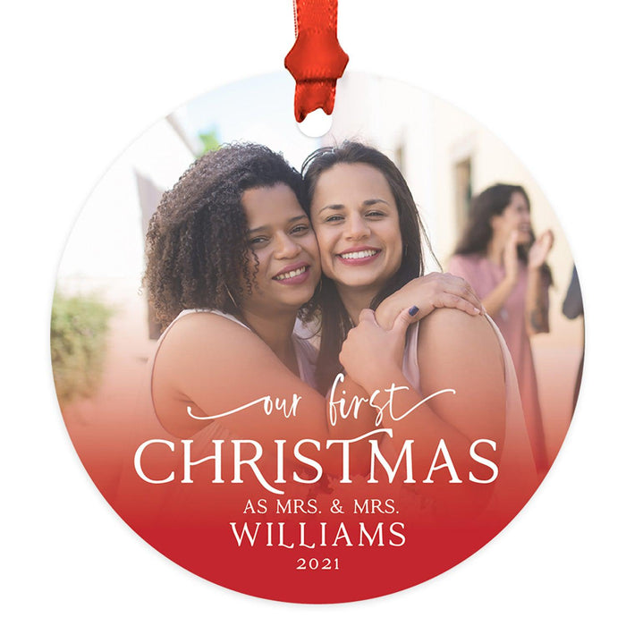 Custom Photo Our First Christmas As Mrs. & Mrs. 20XX Round Metal Christmas Ornaments, Lesbian Couple-Set of 1-Andaz Press-White Snowflakes-