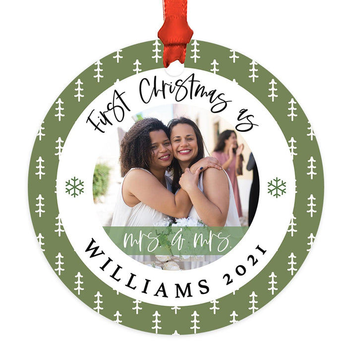 Custom Photo Our First Christmas As Mrs. & Mrs. 20XX Round Metal Christmas Ornaments, Lesbian Couple-Set of 1-Andaz Press-White Snowflakes-
