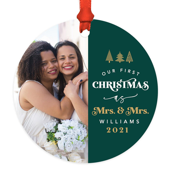 Custom Photo Our First Christmas As Mrs. & Mrs. 20XX Round Metal Christmas Ornaments, Lesbian Couple-Set of 1-Andaz Press-White Snowflakes-