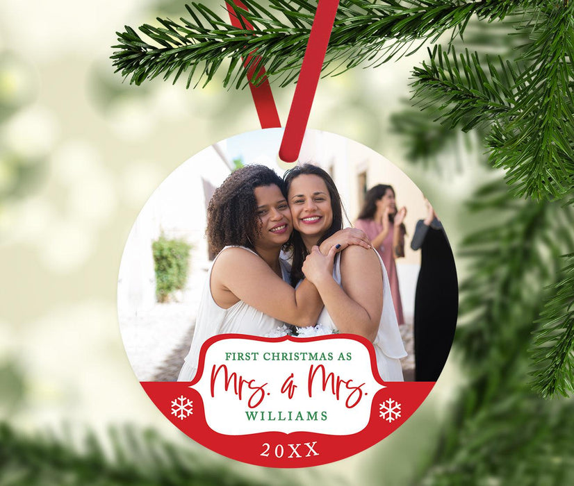 Custom Photo Our First Christmas As Mrs. & Mrs. 20XX Round Metal Christmas Ornaments, Lesbian Couple-Set of 1-Andaz Press-White Snowflakes-