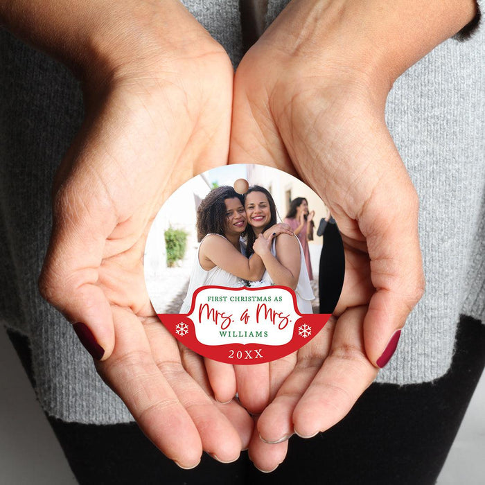 Custom Photo Our First Christmas As Mrs. & Mrs. 20XX Round Metal Christmas Ornaments, Lesbian Couple-Set of 1-Andaz Press-White Snowflakes-